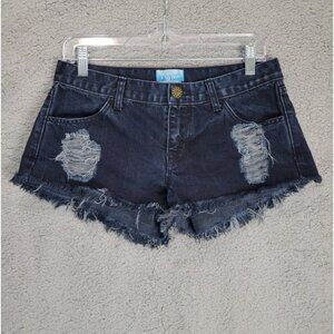 MUMU BLUE Size 27 Dark Wash Distressed Raw Hem Fringe Cut Off Cutoffs Jean Short